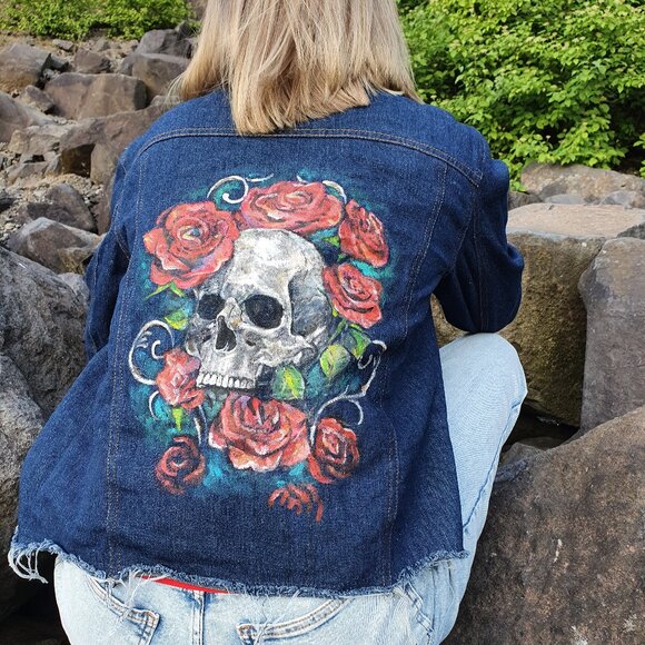 BRIDE&STYLE Jackets & Blazers - Scull Painted Denim Jacket, Handmade Painted Jacket, Jean Jacket Painted Scull